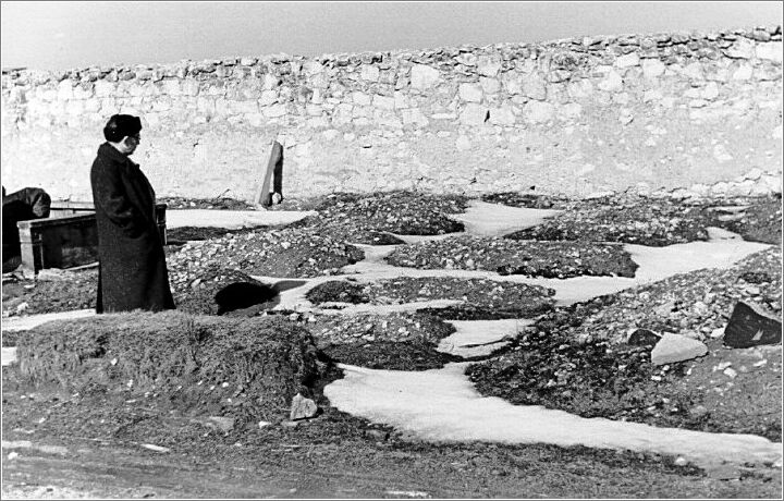 Ten mass graves amid the ruins of the Jewish cemetery in the area that had been the Czestochowa ghetto.